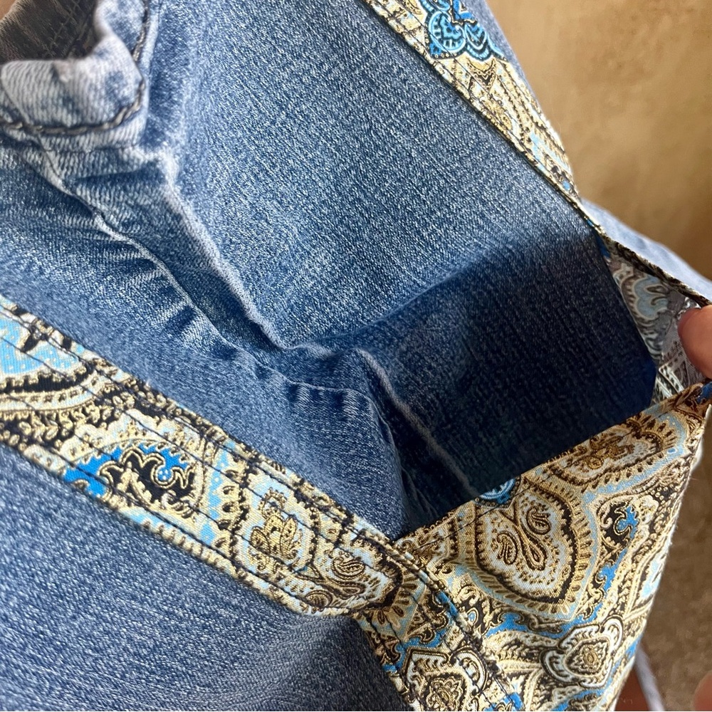 Upcycled Denim & fabric tote bag handmade Blue Metallic Symphony Medallion print - Picture 2 of 7